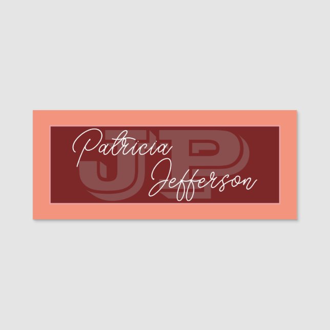 Coral Rose & Dark Red Mit Monogramm Handgeschriebe Namensschild (Vorderseite)