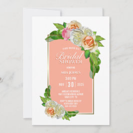 Coral Rose Floral Gold Border Brautparty Einladung
