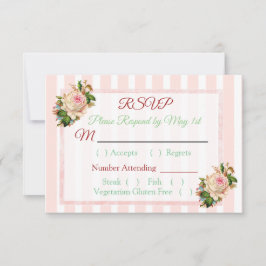 Coral Rose Floral Striped Wedding RSVP Karte