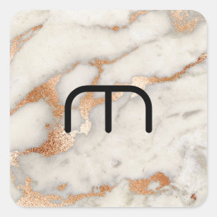 Coral Rose Gold Blush Gray Copper Marmor Monogramm Quadratischer Aufkleber
