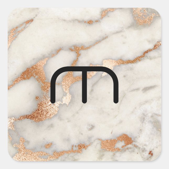 Coral Rose Gold Blush Gray Copper Marmor Monogramm Quadratischer Aufkleber (Vorderseite)
