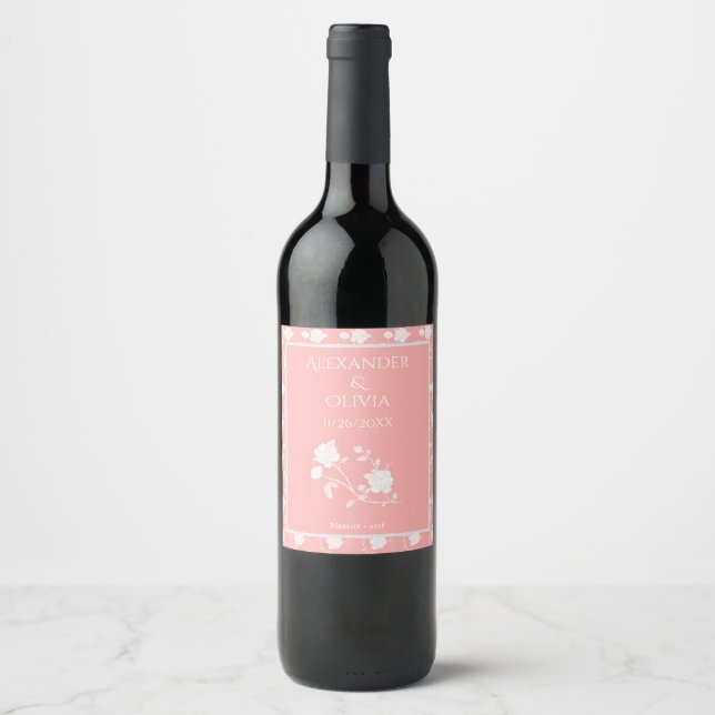 Coral Rose Wedding Wine Label Weinetikett (Vorderseite)