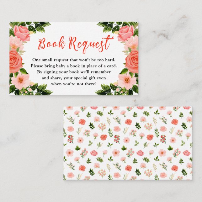 Coral Rote Rosen Floral Baby Shower Buchanfrage Begleitkarte (Vorne/Hinten)