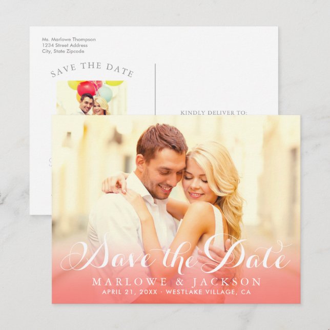 Coral Script Overlay-Foto Save the Date Ankündigungspostkarte (Vorne/Hinten)