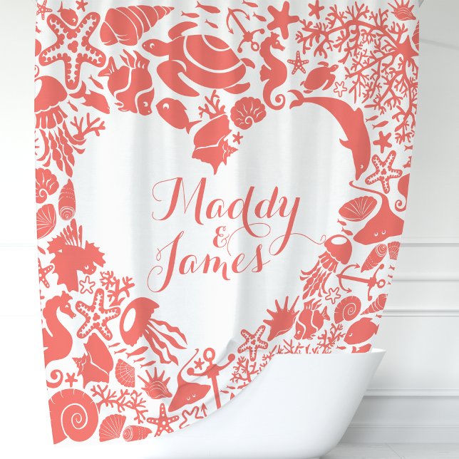 Coral Sea Creatures Heavy Couples Monogram Duschvorhang (Von Creator hochgeladen)