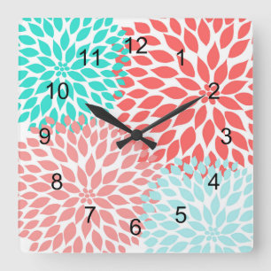 Coral Seafoam Teal Dahlia home decor wall clock Quadratische Wanduhr