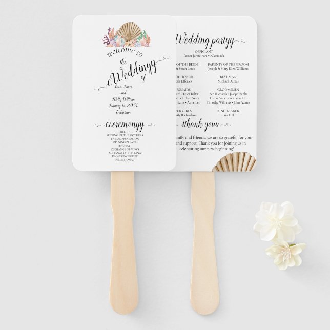 Coral & Seashell Beach Wedding Fächer (Vorne und Hinten)