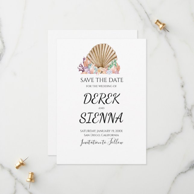 Coral & Seashell Beach Wedding Save The Date (Vorderseite/Rückseite Beispiel)