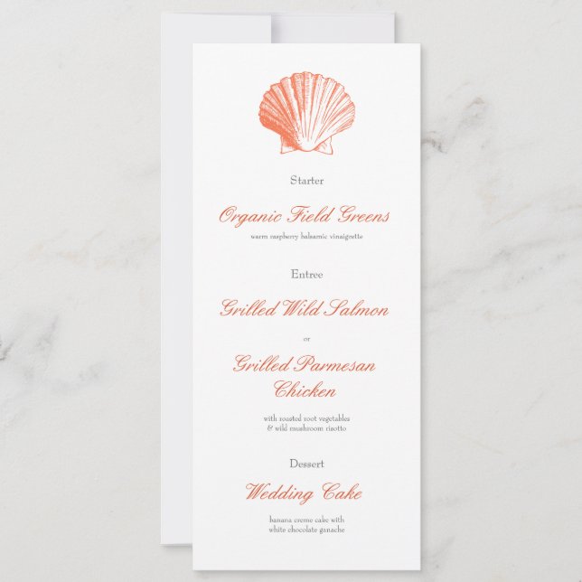 Coral Seashell Wedding Reception Dinner Menu Einladung (Vorderseite)