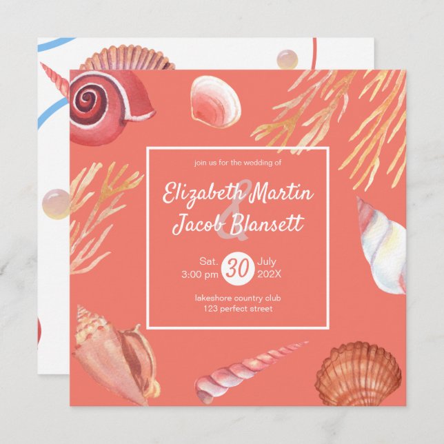 Coral & Seashells Beach All in One Wedding Einladung (Vorne/Hinten)
