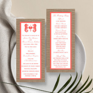 Coral Seepferd Burlap Beach Hochzeitsprogramm Werbekarte