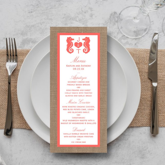 Coral Seepferd Burlap Beach Wedding Menu Werbekarte (Von Creator hochgeladen)