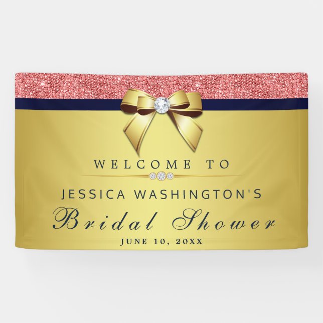 Coral Sequins Navy Gold Diamonds Bow Brautparty Banner (Horizontal)