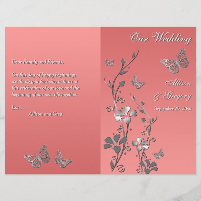 Coral Silver Gray Butterfly Floral Wedding Program (Vorderseite)