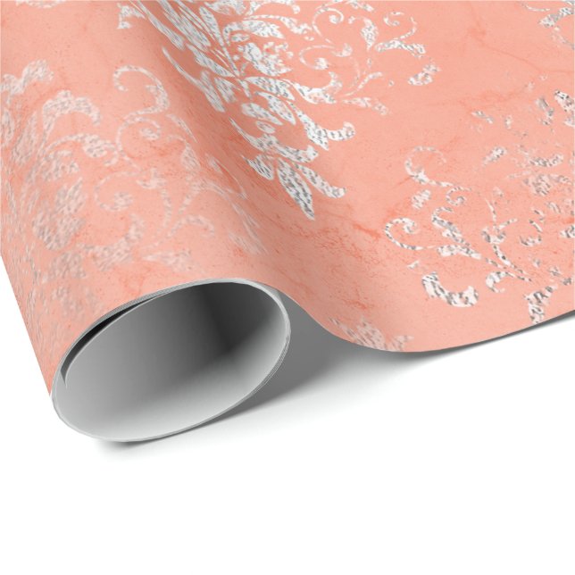 Coral Silver Peach Damask Antonietta Versaille Geschenkpapier (Rolleneckpunkt)