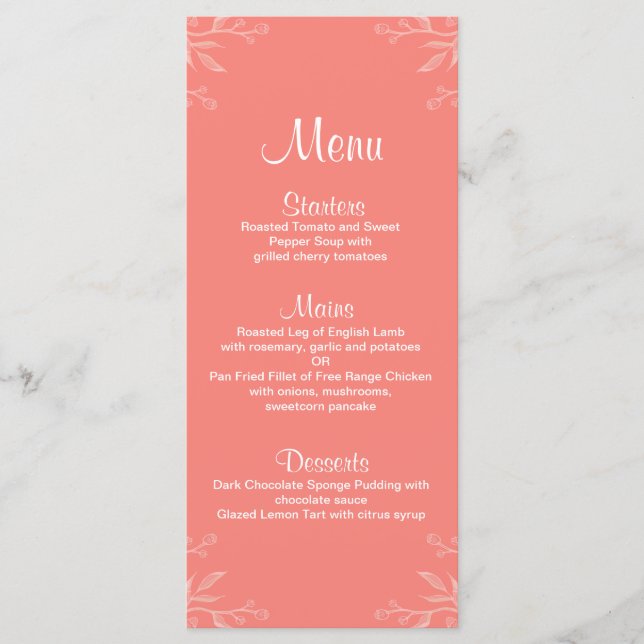 Coral Simple Elegant Floral Wedding Menu Menükarte (Vorderseite)