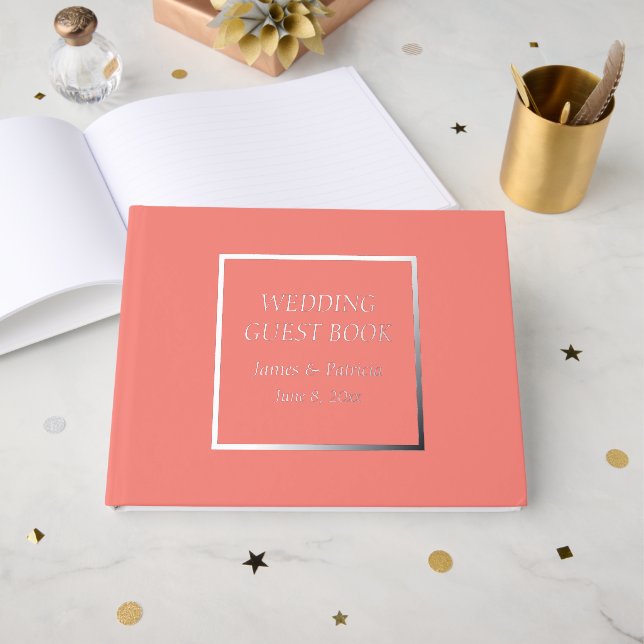 Coral Simple Stylized Lettering Wedding Gästebuch (Vorderseite offen)