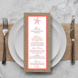 Coral Starfish Burlap Beach Wedding Menü