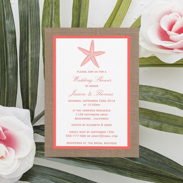 Coral Starfish On Burlap Beach Wedding Shower Einladung (Von Creator hochgeladen)