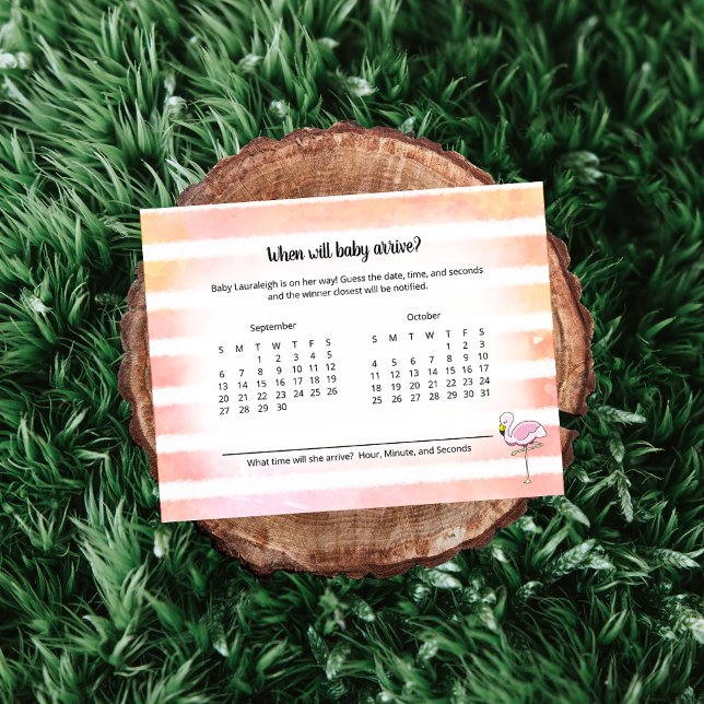 Coral Stripe Flamingo Baby Anreise Vorhersagespiel Begleitkarte (Von Creator hochgeladen)