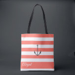 Coral Stripe Nautical Anchor Personalisiert Tote B<br><div class="desc">Nautischer Anker auf lebendem Korallen und weißem Streifen Hintergrund,  personalisiertes Brautparty Tote Tasche. Personalisieren Sie Text,  Schriftart,  Farbe und Größe. Streifen in lebendigen Korallen können auf Ihre Wahl der Farbe angepasst werden.</div>