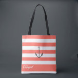 Coral Stripe Nautical Anchor Personalisiert Tote B<br><div class="desc">Nautischer Anker auf lebendem Korallen und weißem Streifen Hintergrund,  personalisiertes Brautparty Tote Tasche. Personalisieren Sie Text,  Schriftart,  Farbe und Größe. Streifen in lebendigen Korallen können auf Ihre Wahl der Farbe angepasst werden.</div>