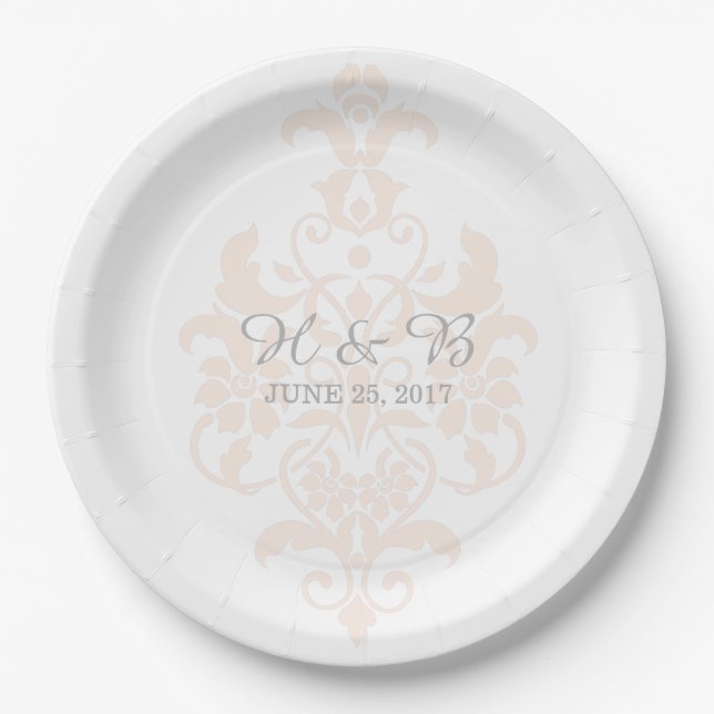 Coral Subtle Damask Hochzeitspapier-Teller Pappteller (Vorderseite)