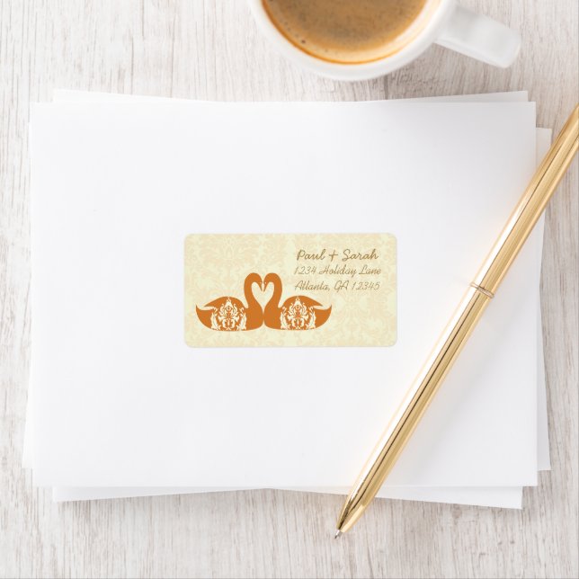 Coral Swan Damask Hochzeitslabel Adressaufkleber (Insitu)