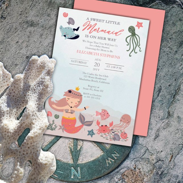 Coral Sweet Little Mermaid Sea Girl Babydusche in Einladung (Von Creator hochgeladen)