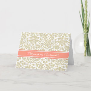 Coral Tan Damask Bridesmaid Einladung