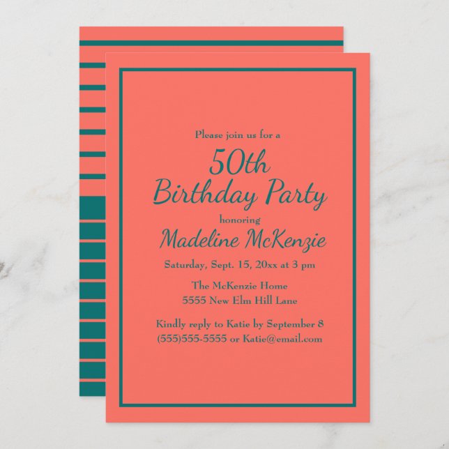 Coral Teal Striped 50th Birthday Party Invite Einladung (Vorne/Hinten)