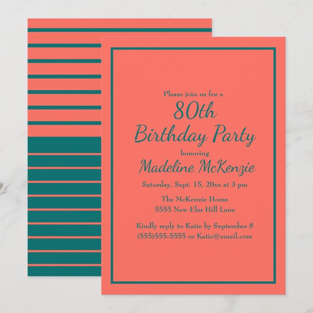Coral Teal Striped 80th Birthday Party Invite Einladung (Vorne/Hinten)
