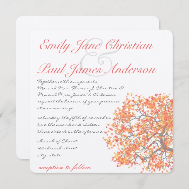 Coral Tree Gray Trunk RaspberryWedding Invites Einladung (Vorne/Hinten)