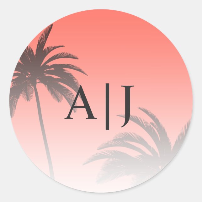 Coral Tropical Palm Tree Beach Monogram Wedding Runder Aufkleber (Vorderseite)