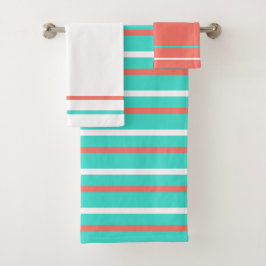 Coral Tuquoise White Stripes Geometrisches Muster Badhandtuch Set