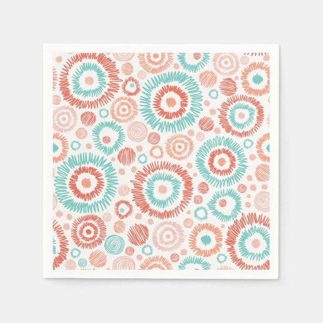 Coral & Turquoise Doodle ZigZag Circles Abstrakt Serviette (Vorderseite)