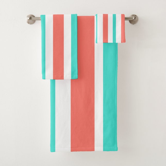 Coral Turquoise White Stripes Badhandtuch Set (Insitu)