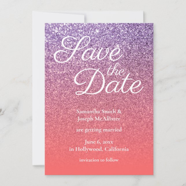 Coral und Amethyst Ombre Glitzer Save the Date Einladung (Vorderseite)