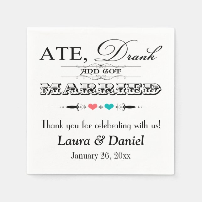 Coral und Aqua Hearts, Scrolls Wedding Napkins Serviette (Vorderseite)