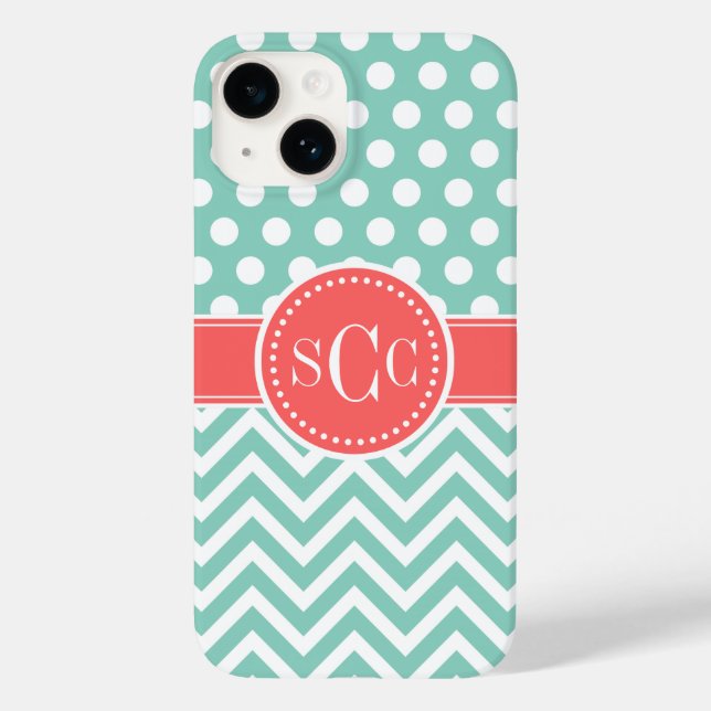Coral und Aqua Polka Dot Zickzack Monogramm Case-Mate iPhone Hülle (Rückseite)
