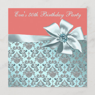 Coral und Aquamarin Blue Damask 50. Geburtstagspar Einladung