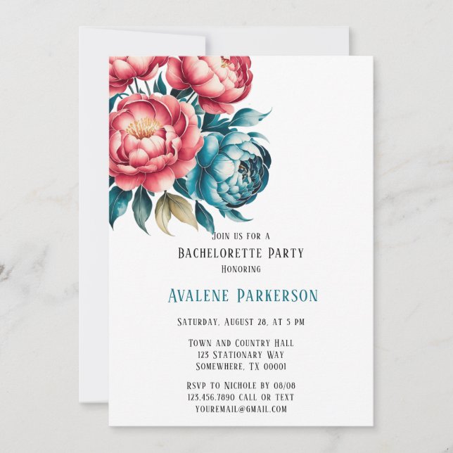 Coral und Aquamarin Peonies Gold Junggeselinnen-Ab Einladung (Vorderseite)