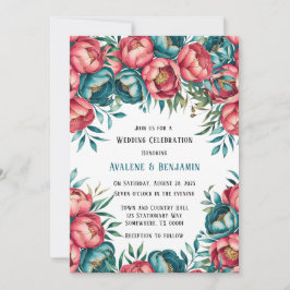 Coral und Aquamarin Peonies Gold Wedding Einladung