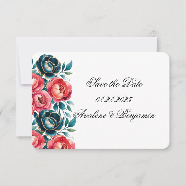 Coral und Aquamarin Peonies Gold Wedding Save The Date (Vorderseite)