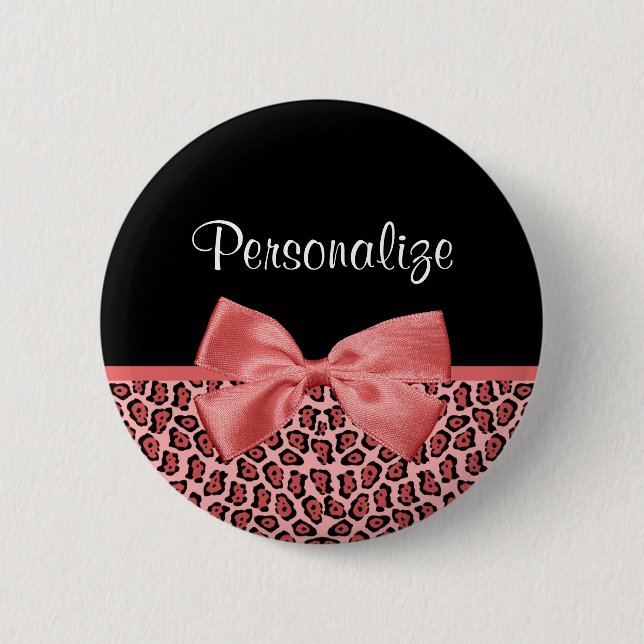 Coral und Black Jaguar Print Niedlich Bow mit Name Button (Vorderseite)
