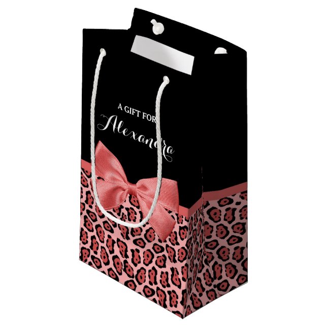 Coral und Black Jaguar Print Niedlich Bow mit Name Kleine Geschenktüte (Vorderseite Schrägansicht)