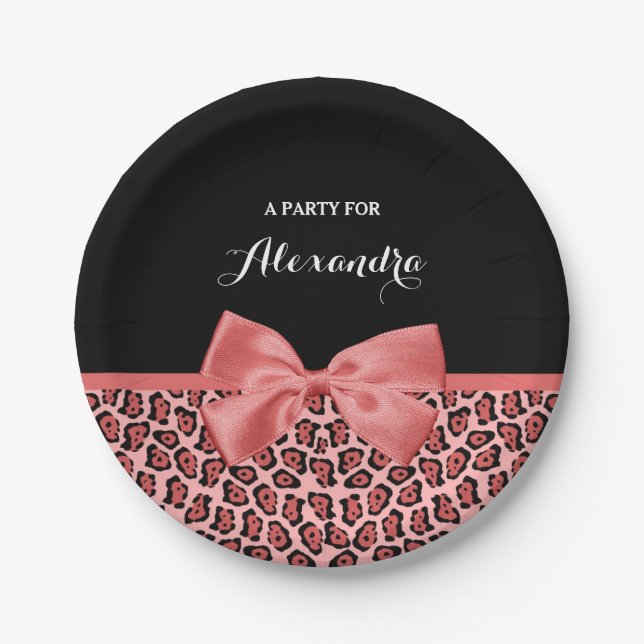Coral und Black Jaguar Print Niedlich Bow mit Name Pappteller (Vorderseite)