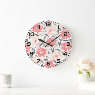 Coral und Cream Floral Muster Vintag Dahlia Große Wanduhr