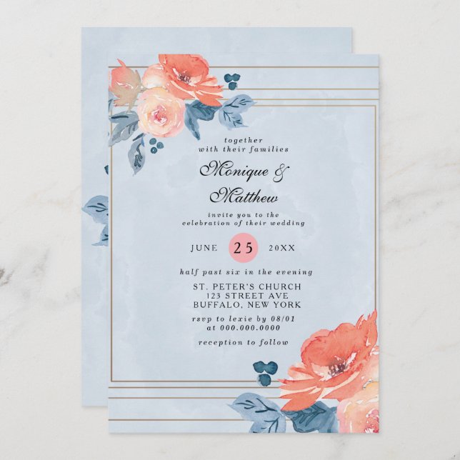 Coral und Dusty Blue Floral Geometric Wedding Einladung (Vorne/Hinten)