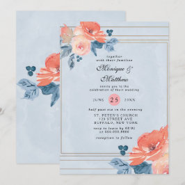 Coral und Dusty Blue Floral Geometric Wedding Einladung